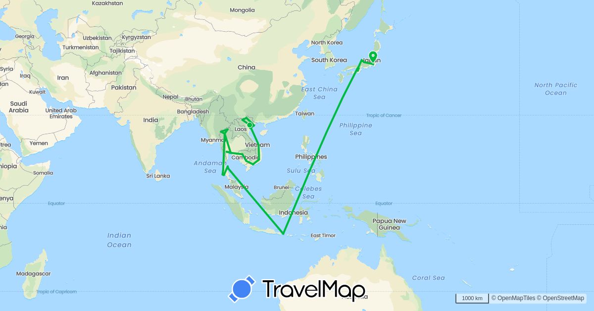 TravelMap itinerary: driving, bus in Indonesia, Japan, Cambodia, Thailand, Vietnam (Asia)